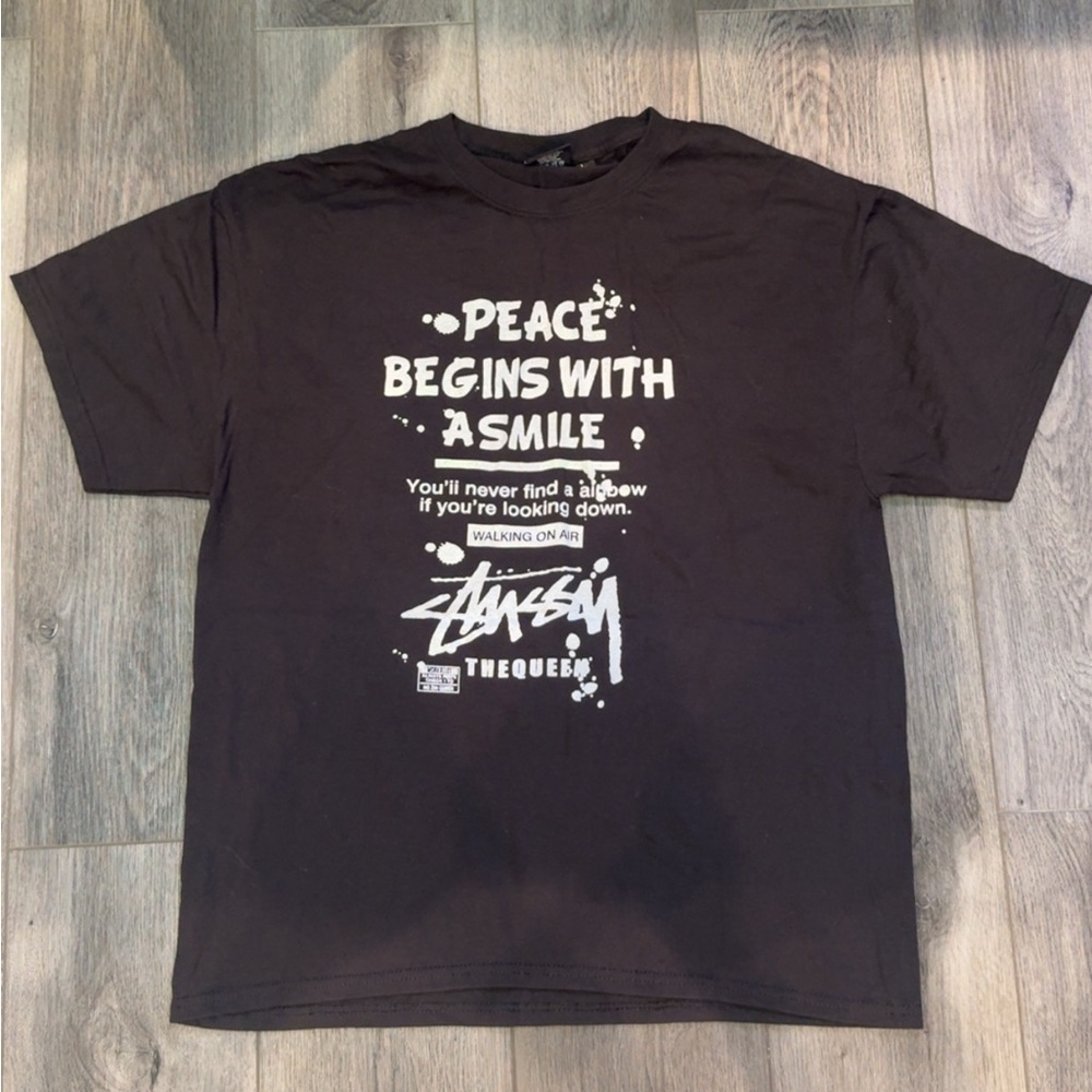 Stussy Black Graphic Tee - Peace Begins With a Smile